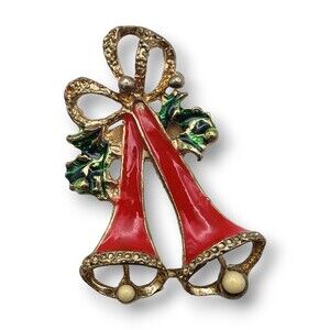 Vintage Gold Tone Enamel Christmas Bells With Holly Brooch Pin